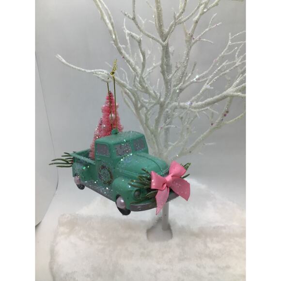 Farmhouse Truck Christmas Ornament -Green Pink Bottle Brush Trees Hand Decorated - Picture 9 of 11